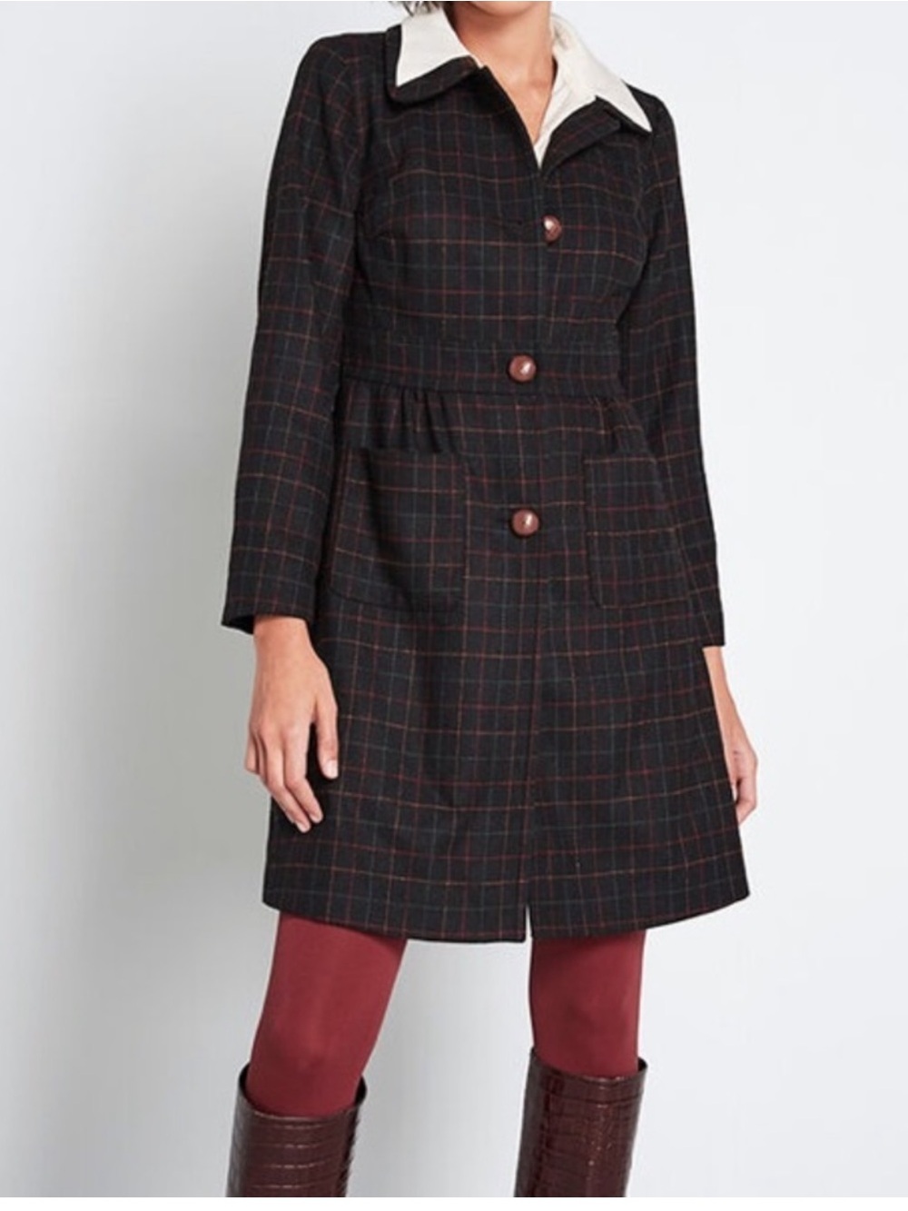 ModCloth Black Plaid Trench Coat Lined Medium Collegiate Fall Winter Warm Jacket